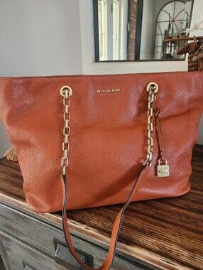 Michael Kors Medium Burnt Orange Leather Tote with Gold Chain Accents